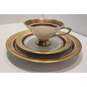 Vtg Johann Seltmann Vohenstrauss Gold & Maroon Tea cup, Saucer & Dessert Plate